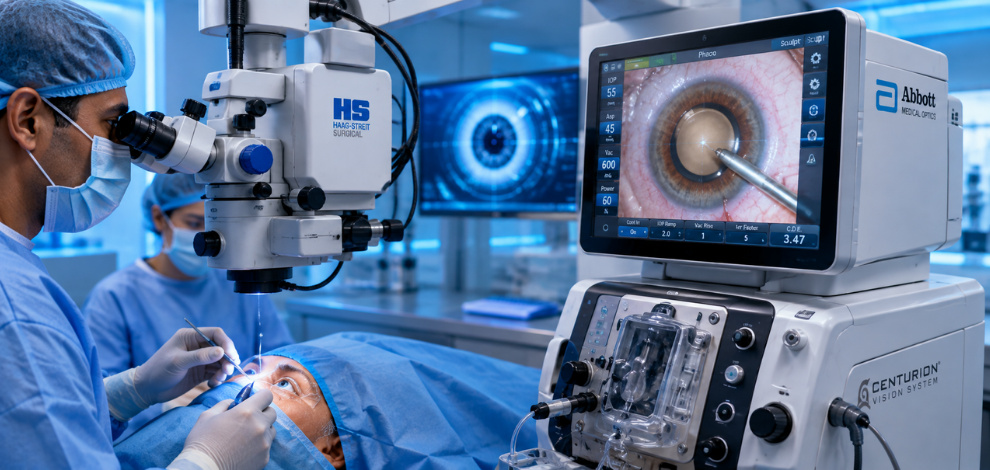 Cataract Surgery with IOL Implantation (Phaco Emulsification, Abbott Medical Optics, USA & Moller Wedel Haag Streit Microscope, Germany)